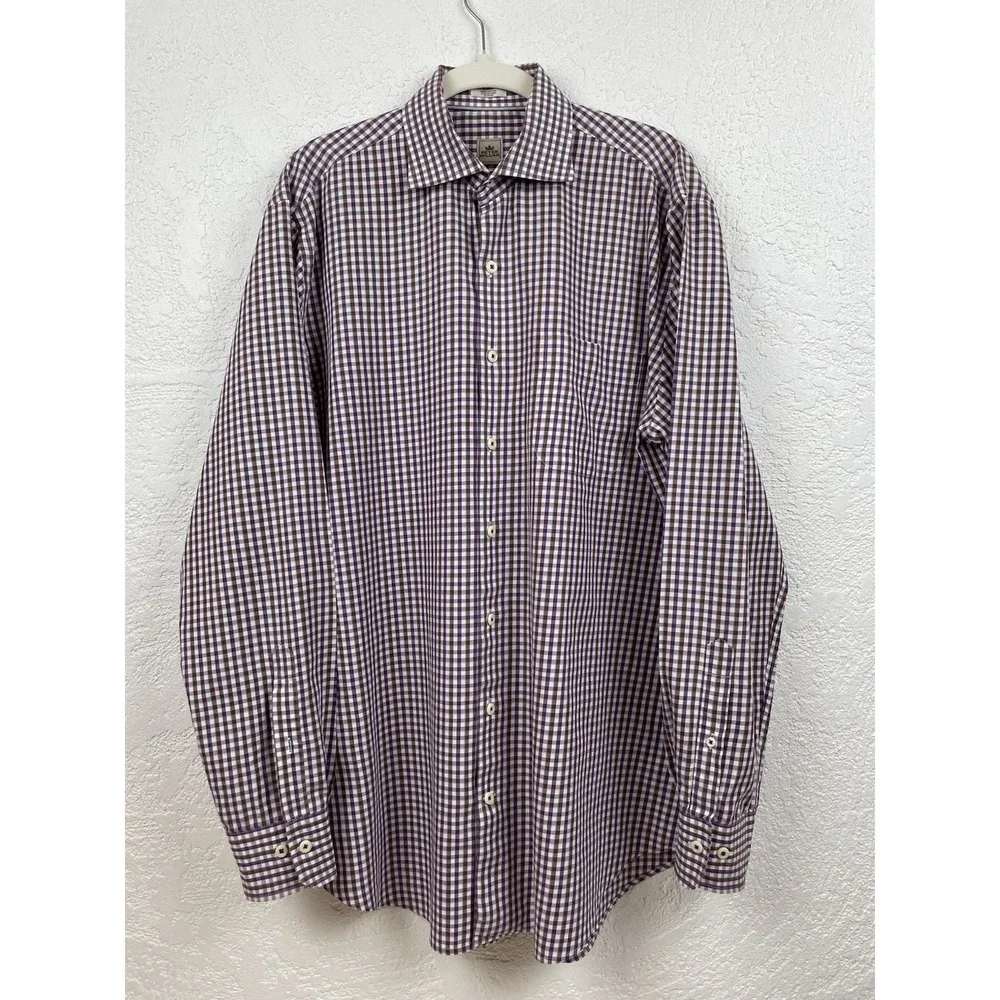 PETER MILLAR Button Up Gingham Check Shirt Men L Purple White Preppy Long Sleeve
